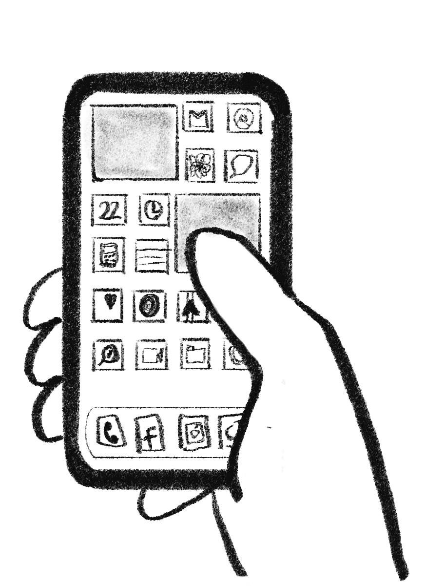 Illustration d'une main tenant un smartphone affichant une grille d'applications